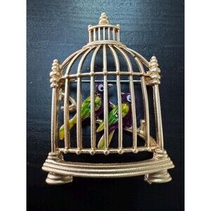 Vintage Birds Dome Cage Novelty Enamel Brooch Pin B71